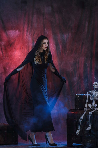 Gothic Witch Costume Black Hooded Long Dress