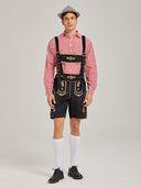 Men's Oktoberfest Lederhosen Costume with Pink Shirt, Hat & Knee Socks Set