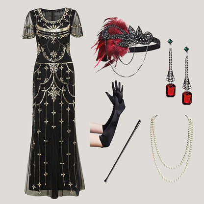 Art Deco Sequin Flapper Dress with Accessories Set