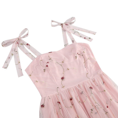 Embroidered Tie Strap Midi Dress