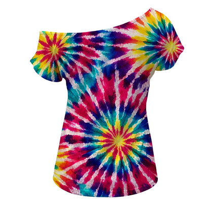 Retro 70s Multi-Starburst Tie-Dye One Shoulder Short Sleeves T-shirt