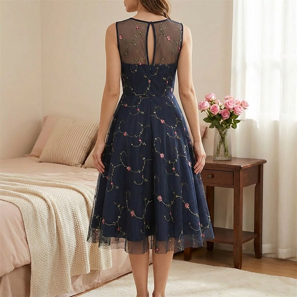 Embroidered Floral Tulle Midi Dress