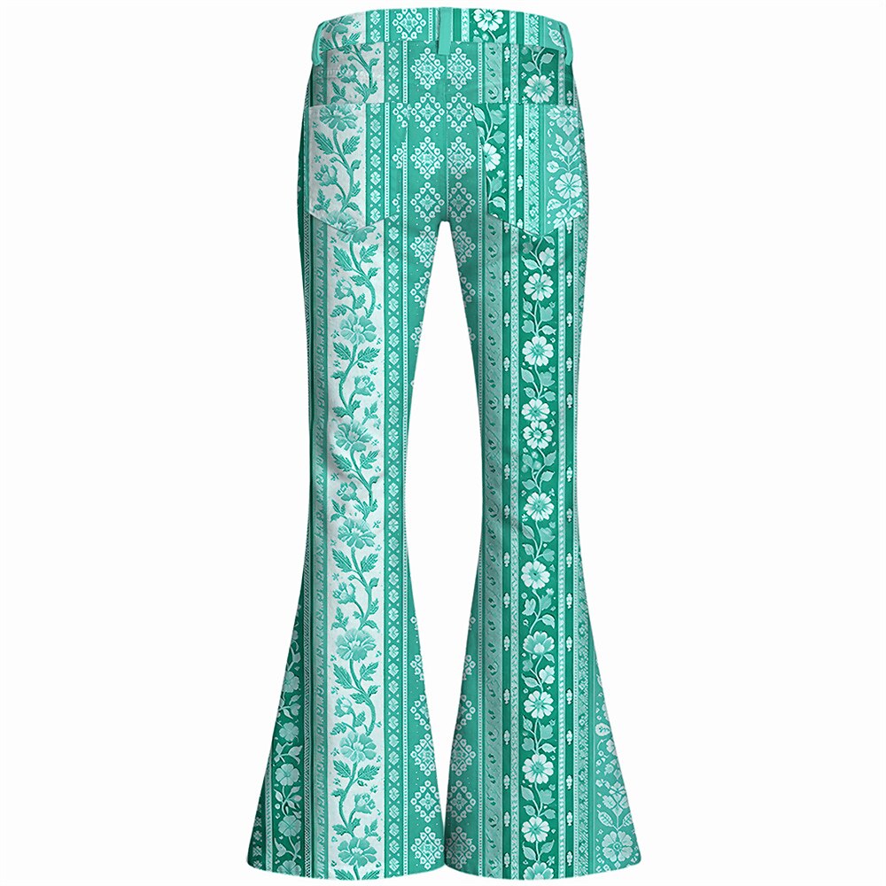 Retro 70s Ethnic Floral Striped High Waist Wide Flared Trousers