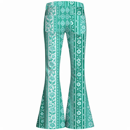Retro 70s Ethnic Floral Striped High Waist Wide Flared Trousers