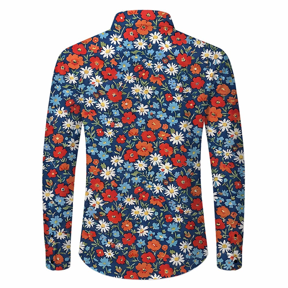 Retro 70S Vintage Floral Daisy Poppy Pattern Long Sleeves Collar Shirt