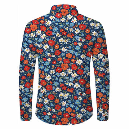 Retro 70S Vintage Floral Daisy Poppy Pattern Long Sleeves Collar Shirt
