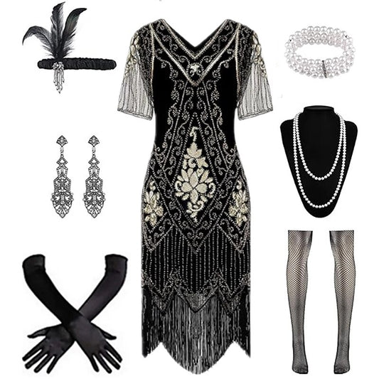 Art Deco Beaded Fringe Flapper Dress with Accessories Set