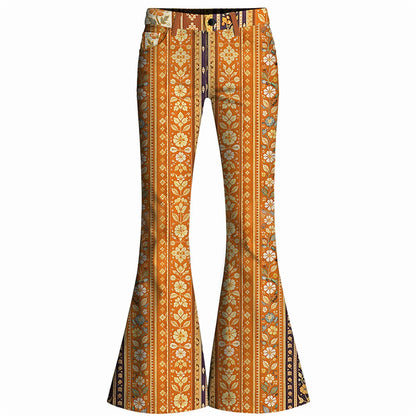 Retro 70s Floral Striped High Waist Wide Flared Trousers