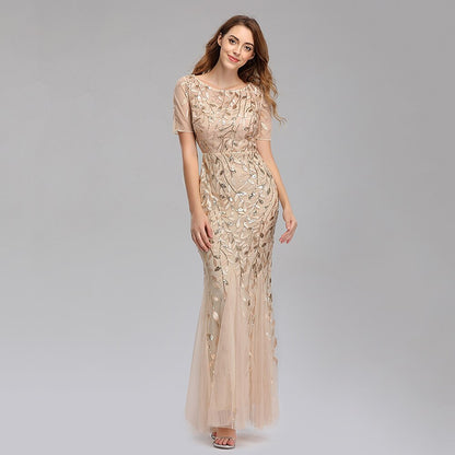 Mermaid Illusion Short Sleeve Sequin Gown