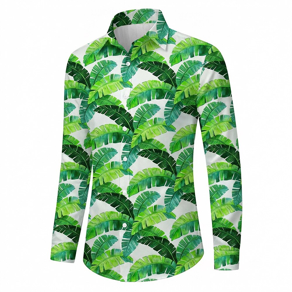 Retro 70S Tropical Banana Leaf Pattern Long Sleeves Collar Shirt