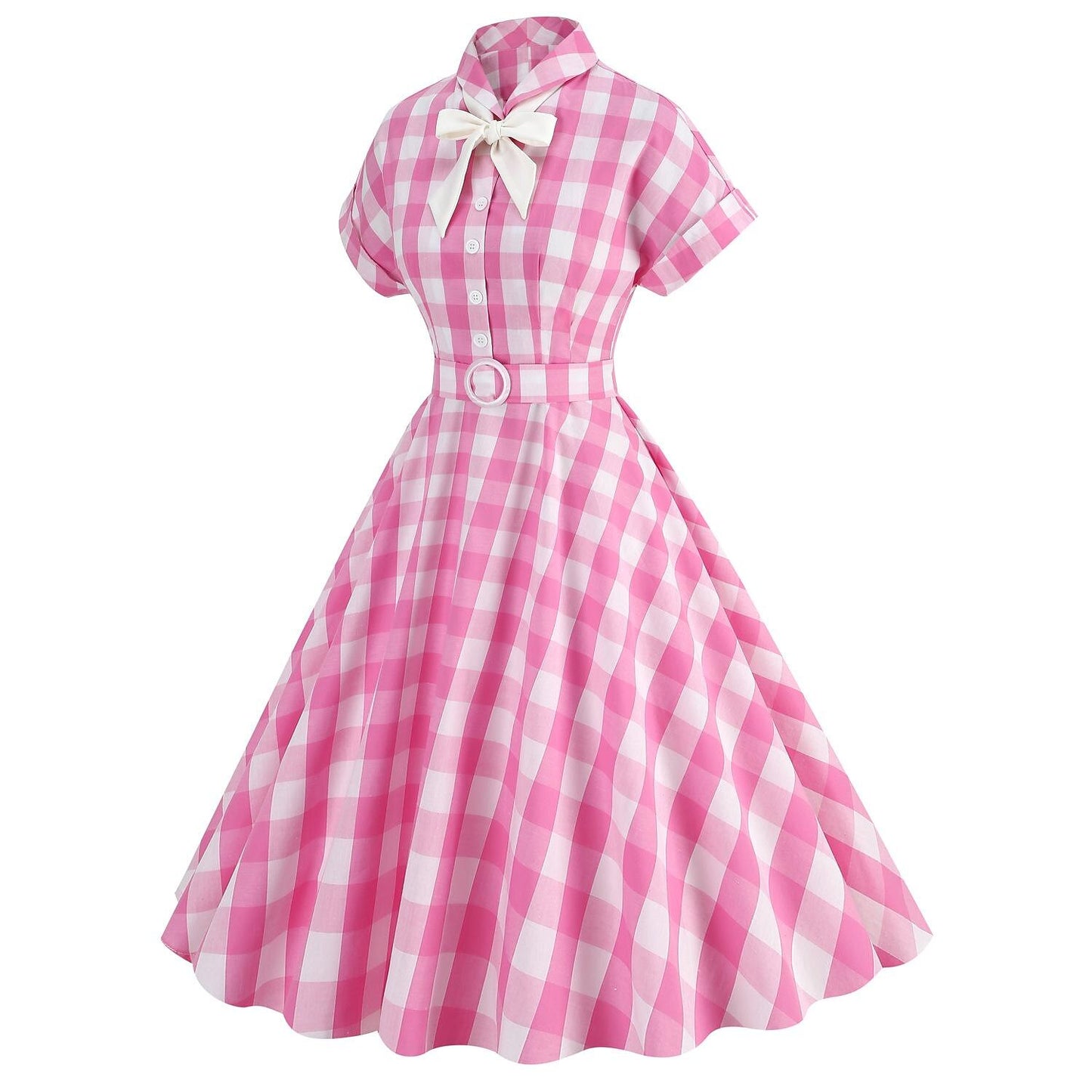 Women's 1950s Gingham Plaid Bow Tie Collar Swing Dress
