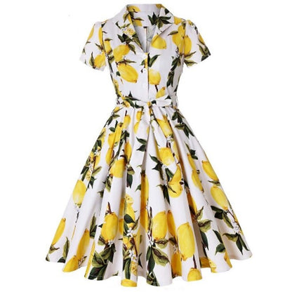 Women's 1950s Tropical Pin-up Print Lapel Collar Swing Dress