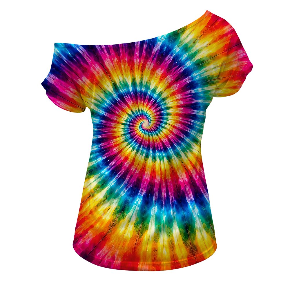 Retro 70s Tie-Dye Swirl One Shoulder Short Sleeves T-shirt