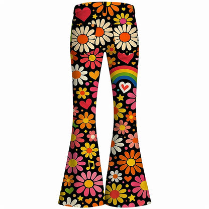 Retro 70s Floral Hearts Music Notes Rainbow High Waist Wide Flared Trousers