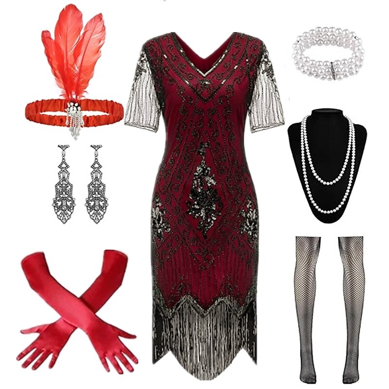 Art Deco Beaded Fringe Flapper Dress with Accessories Set