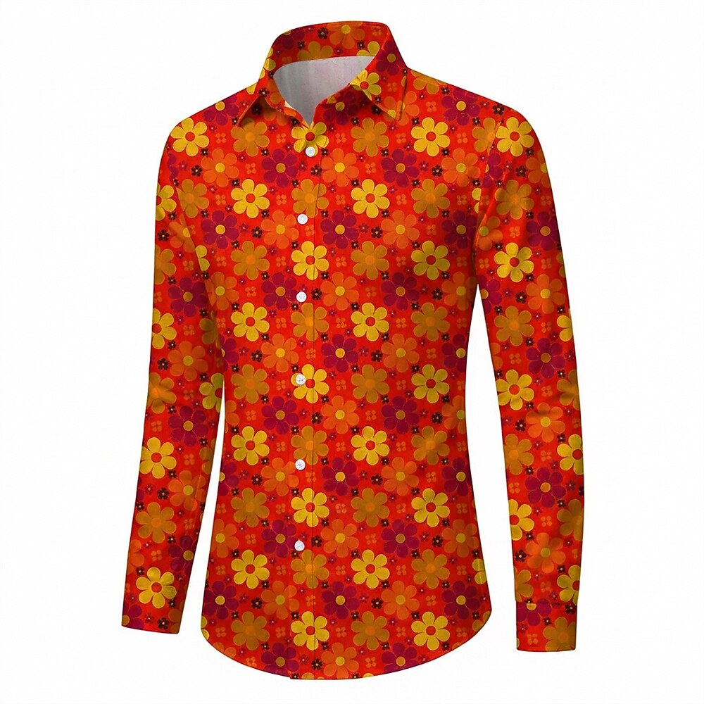 Retro 70S Groovy Floral Daisy Pattern Long Sleeves Collar Shirt