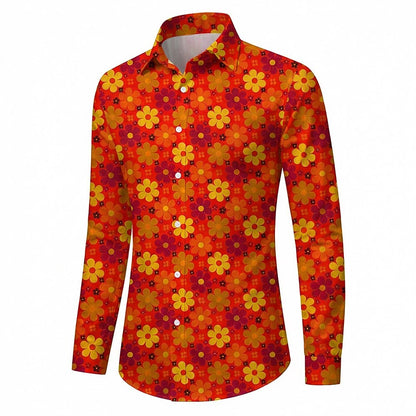 Retro 70S Groovy Floral Daisy Pattern Long Sleeves Collar Shirt