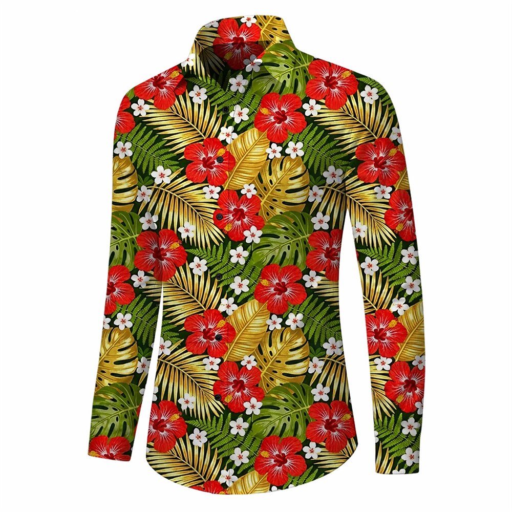 Retro 70S Tropical Hibiscus Palm Leaf Print Long Sleeves Collar Shirt