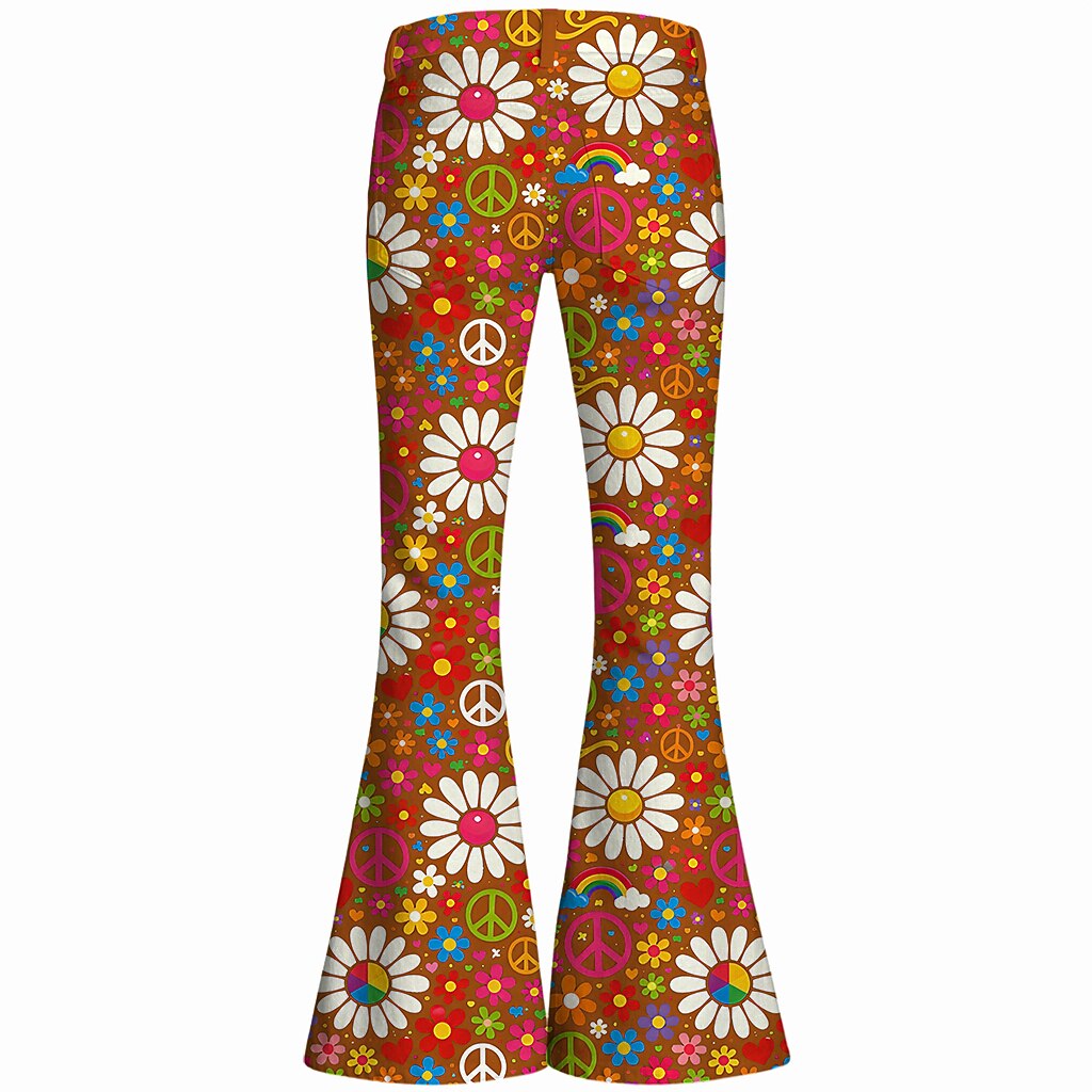 Retro 70s Peace Sign Floral High Waist Wide Flared Trousers