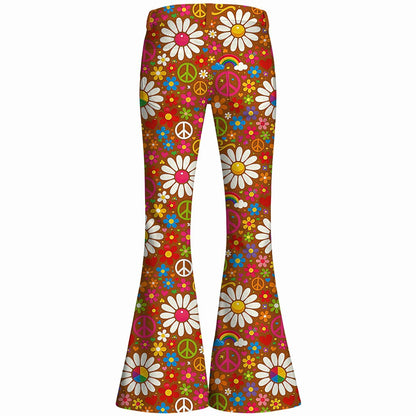 Retro 70s Peace Sign Floral High Waist Wide Flared Trousers