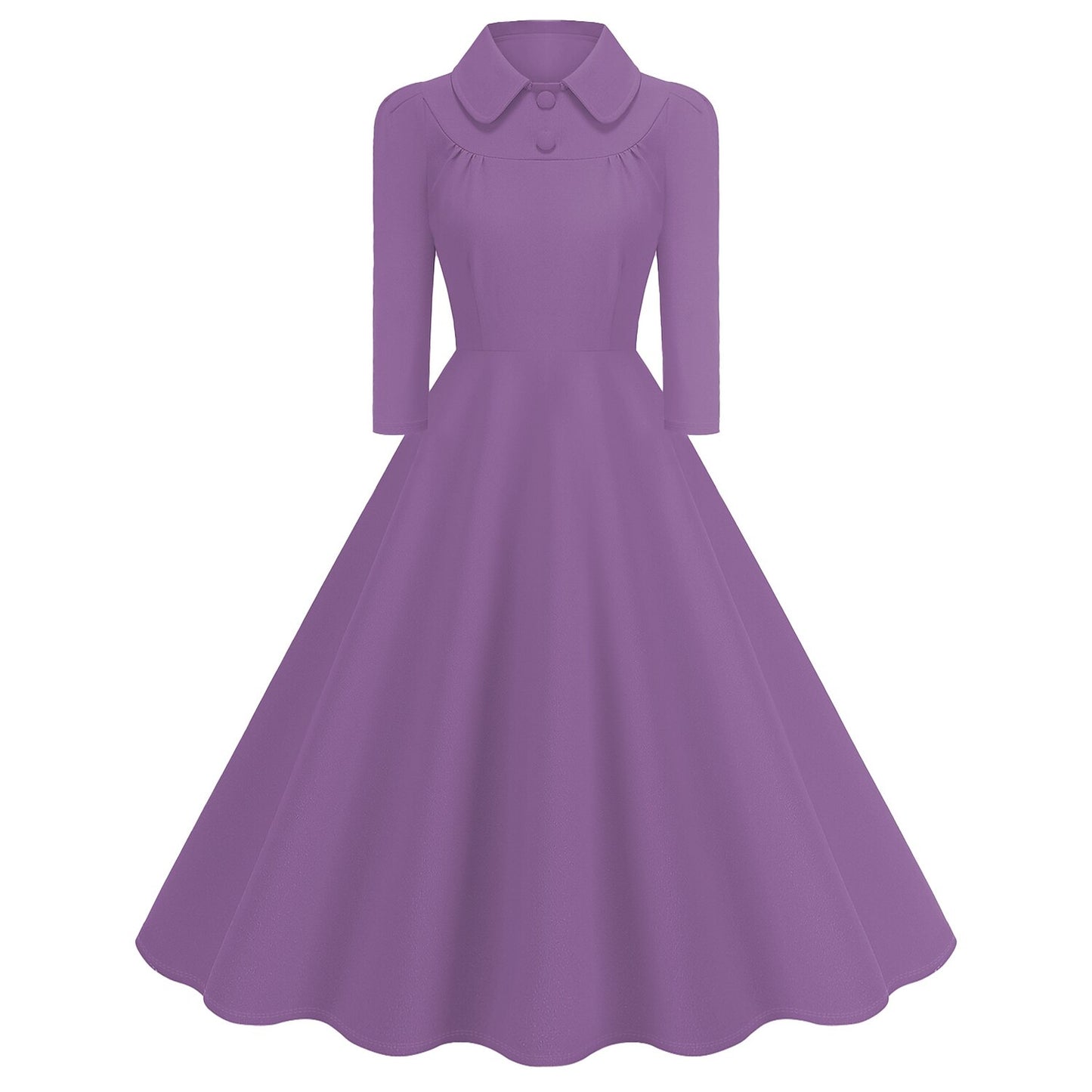 Women's 1950s Solid Color Peter Pan Collar Long Sleeve Flare Dress