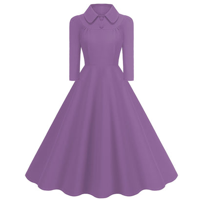 Women's 1950s Solid Color Peter Pan Collar Long Sleeve Flare Dress