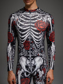 Leotard da uomo di Halloween con stampa di scheletro e rosa rossa