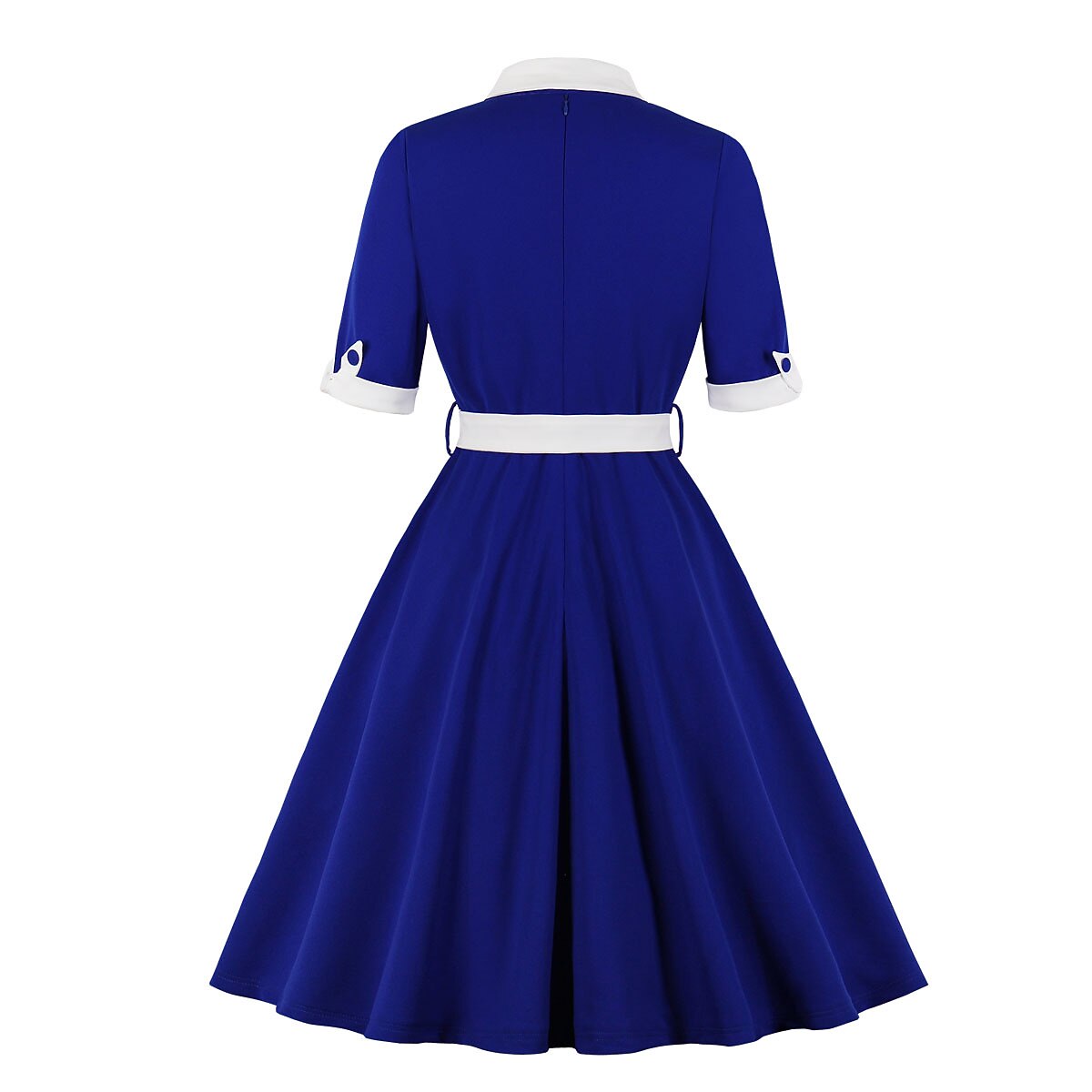 Women's 1950s Contrast Color Block Lapel Collar Belted A-Line Dress