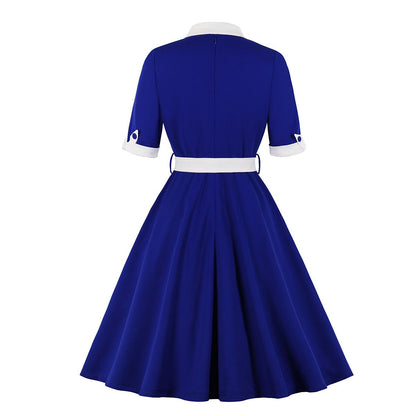 Women's 1950s Contrast Color Block Lapel Collar Belted A-Line Dress