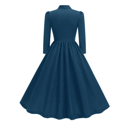 Women's 1950s Bow Tie Neck Long Sleeve A-Line Dress