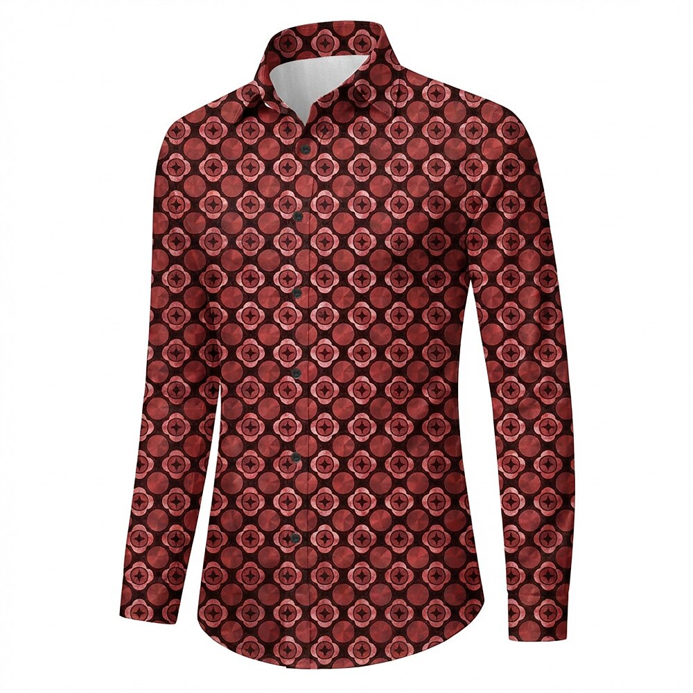 Retro 70S Vintage Geometric Circle Motif Long Sleeves Collar Shirt
