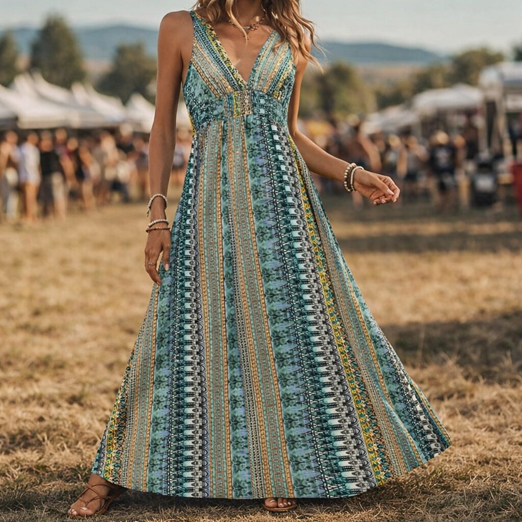 Retro 70s Bohemian Ethnic V-neck Empire Waist Flowy Maxi Dress