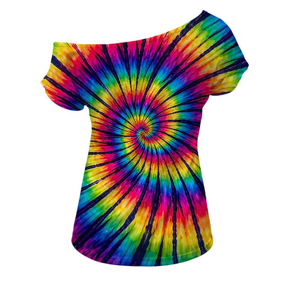 Retro 70s Tie-Dye Swirl One Shoulder Short Sleeves T-shirt