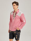 Men’s Oktoberfest Trachten Shirt Red Gingham Check Lace-Up Front