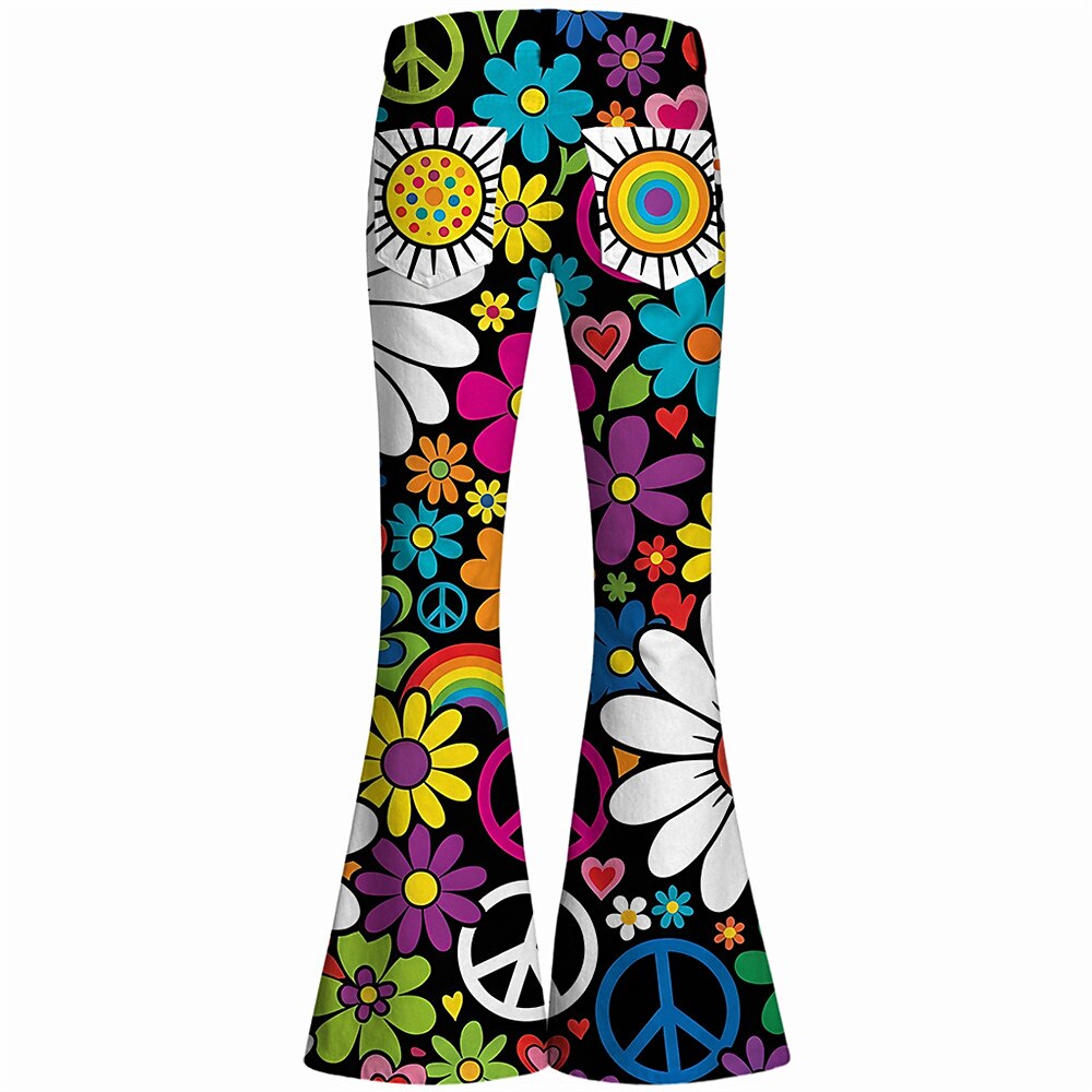 Retro 70s Peace Sign Floral Hearts High Waist Wide Flared Trousers