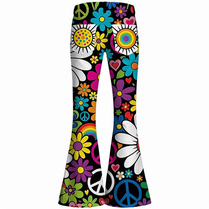 Retro 70s Peace Sign Floral Hearts High Waist Wide Flared Trousers