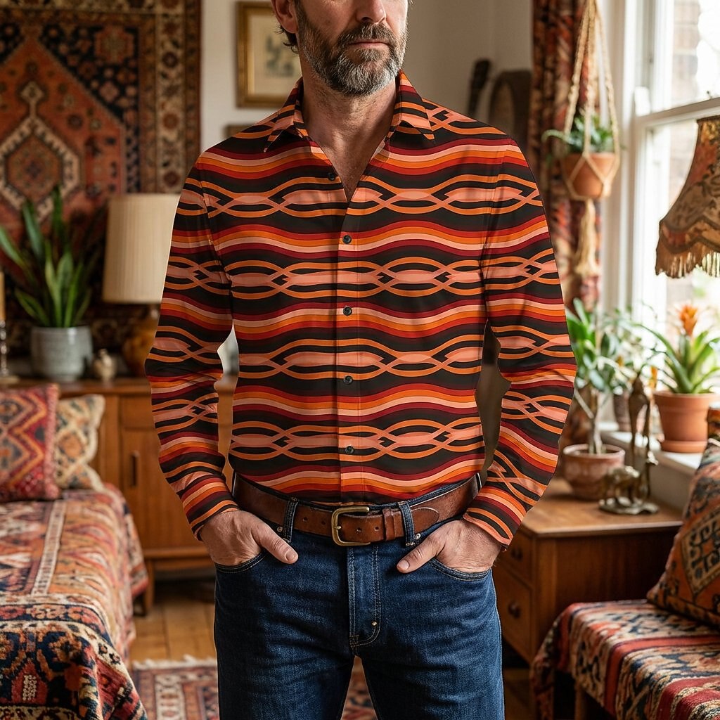 Retro 70S Wavy Geometric Stripe Pattern Long Sleeves Collar Shirt