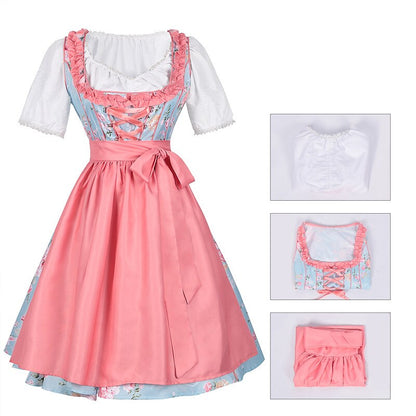 Oktoberfest Pink Floral Dirndl Dress with Apron and Blouse