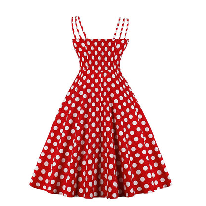 Women's 1950s Polka Dot Spaghetti Strap Bow A-Line Rockabilly Dress