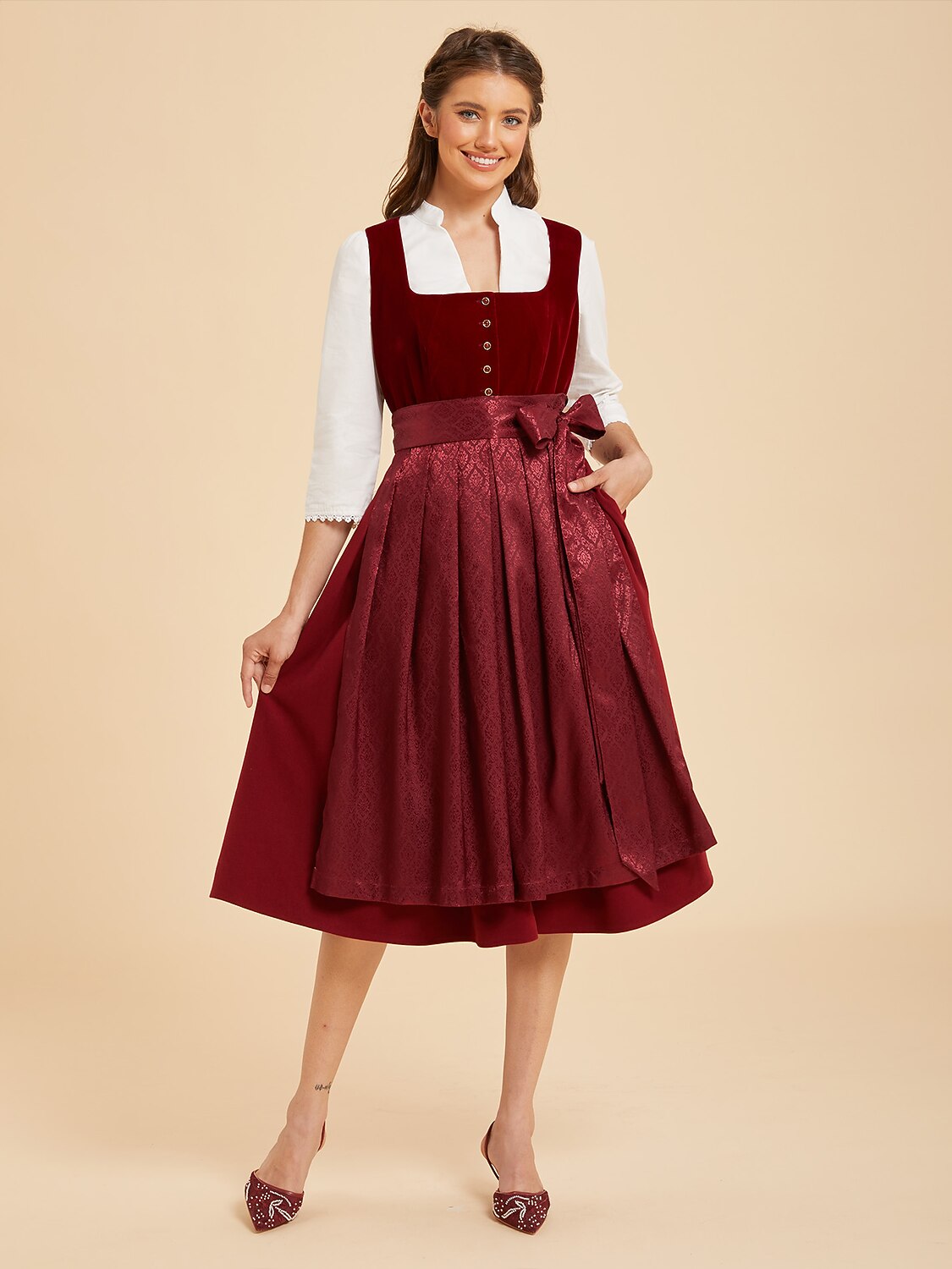 Premium Women’s Oktoberfest Burgundy Midi Dirndl Dress with Jacquard Apron