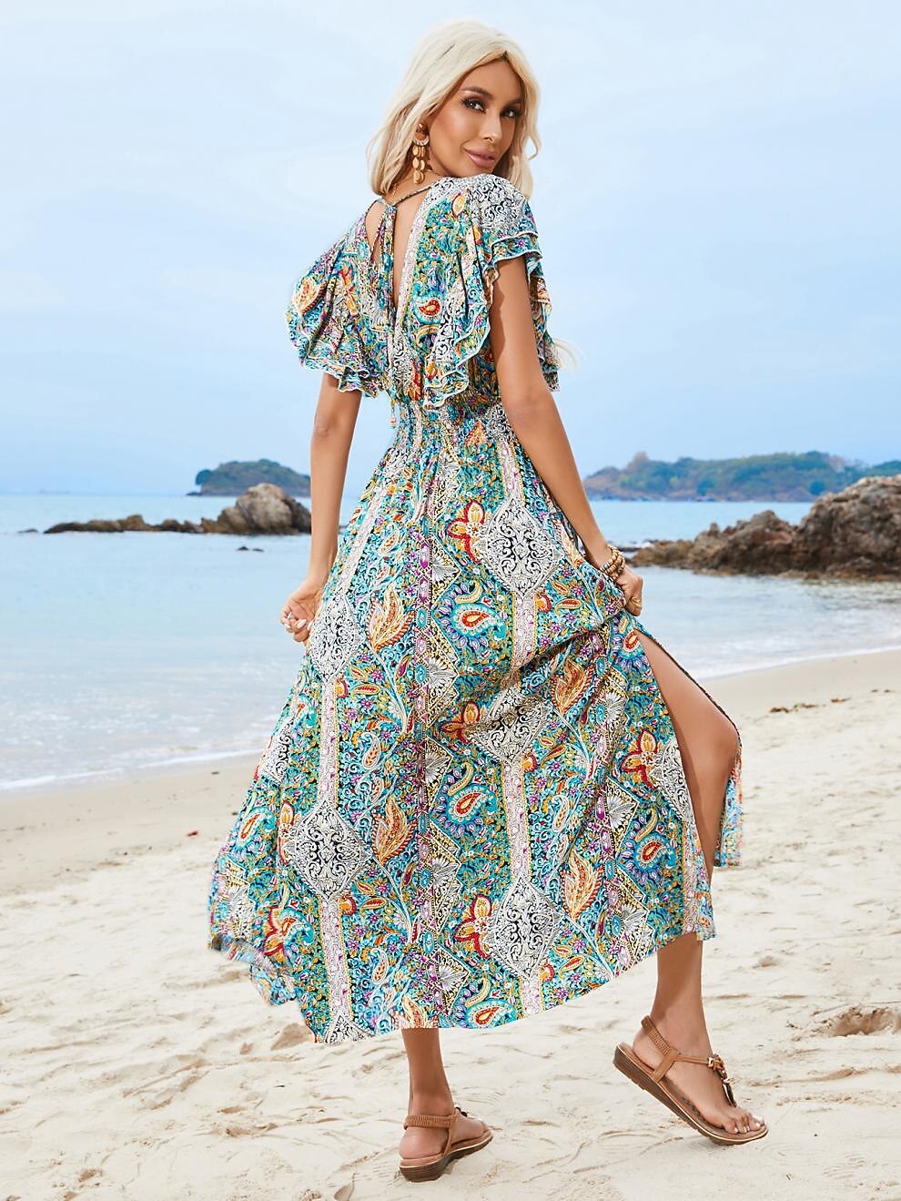 Retro 70s Bohemian Paisley Empire Waist Maxi Dress