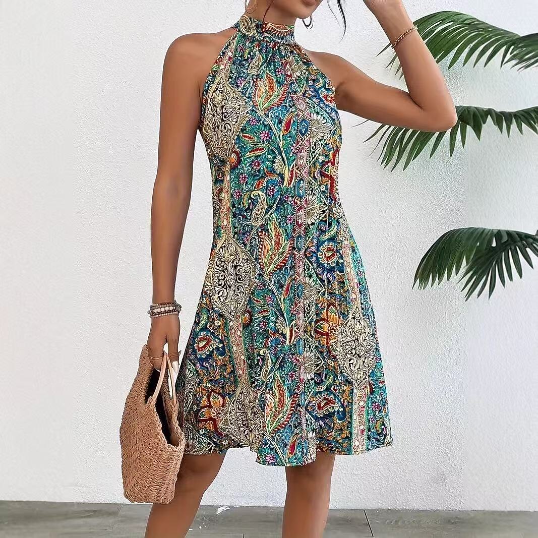Retro 70s Bohemian Paisley Halter Neck A-line Dress