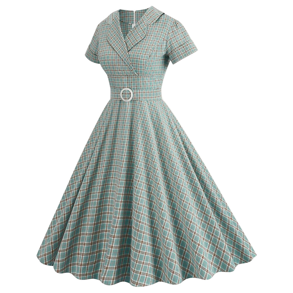 Women's 1950s Plaid Checkered Lapel Collar Swing Dress