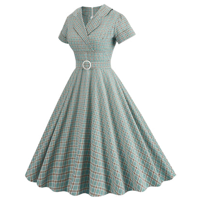 Women's 1950s Plaid Checkered Lapel Collar Swing Dress