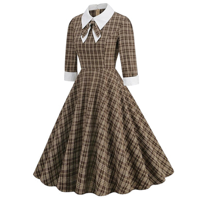 Women's 1950s Plaid Checkered Long Sleeve Swing Dress