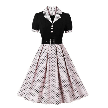 Women's 1950s Polka Dot Patchwork Lapel Collar Belted A-Line Rockabilly Dress