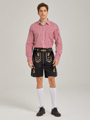 Men's Oktoberfest Lederhosen Costume with Pink Shirt, Hat & Knee Socks Set