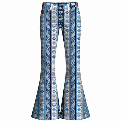 Retro 70s Paisley Geometric High Waist Wide Flared Trousers