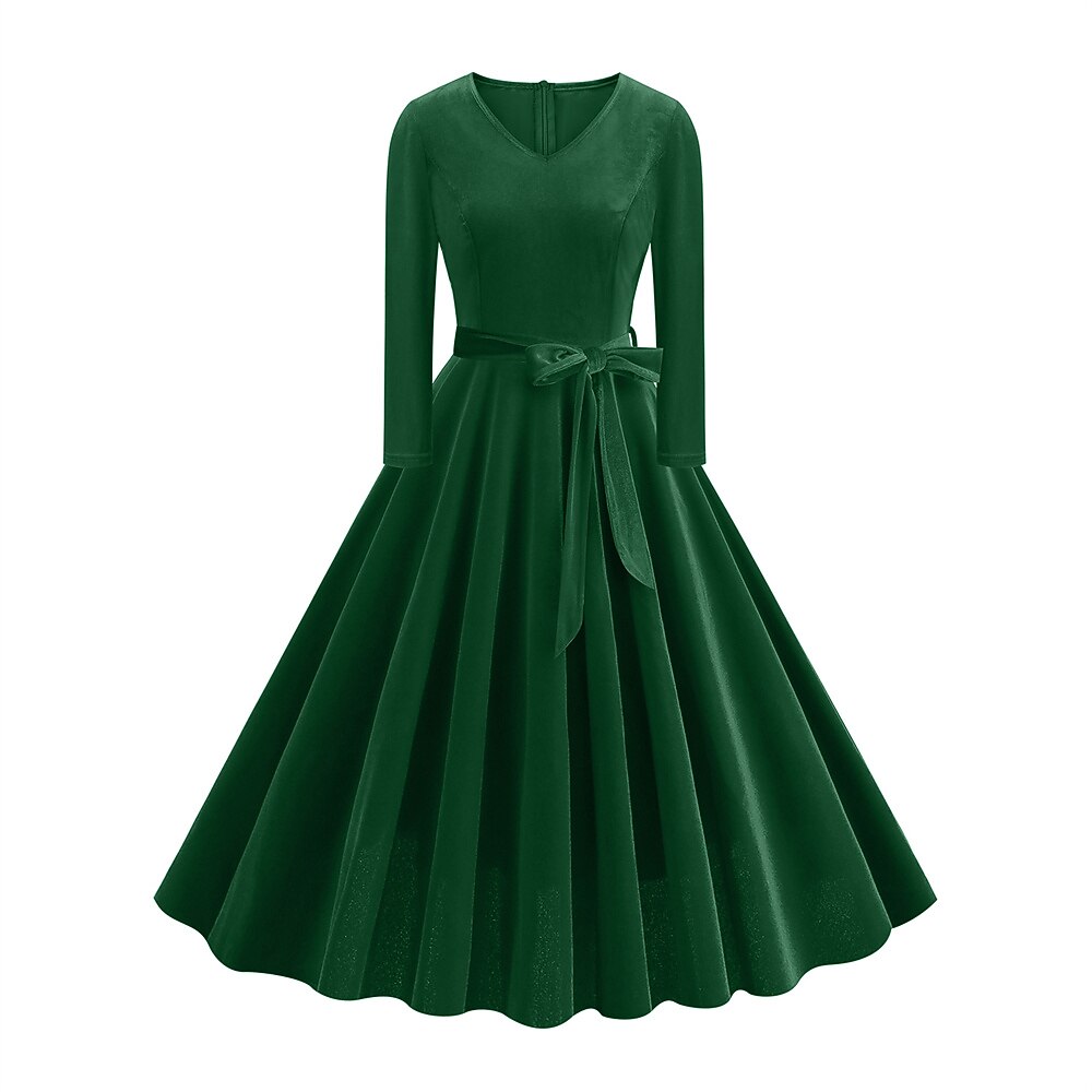 Women's 1950s Velvet V-Neck Long Sleeve Swing Dress