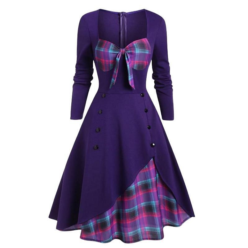 Retro Tie-Front Plaid Xmas Party Dress